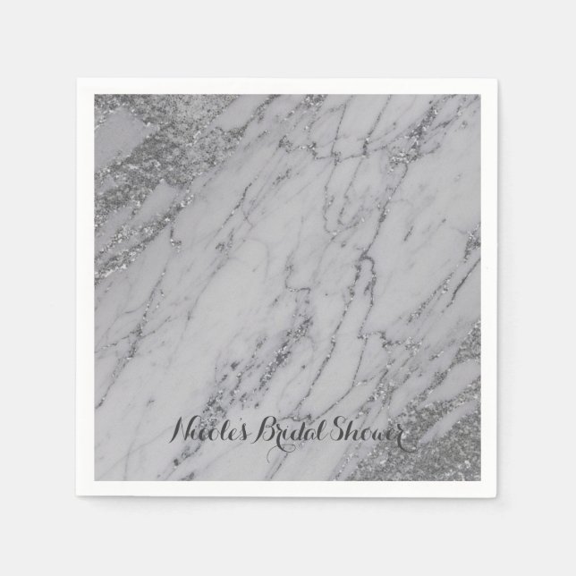 Trendy Modern Marble Silver Glam Wedding Party Paper Napkins (Front)