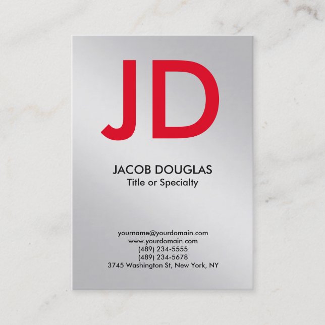 Trendy modern metallic silver grey bold monogram business card (Front)