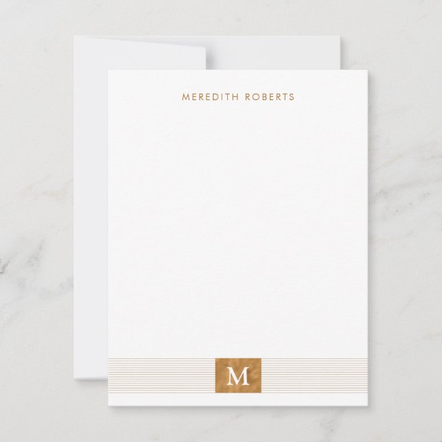 Trendy Modern Minimalist Copper Foil Monogram Note Card (Front)