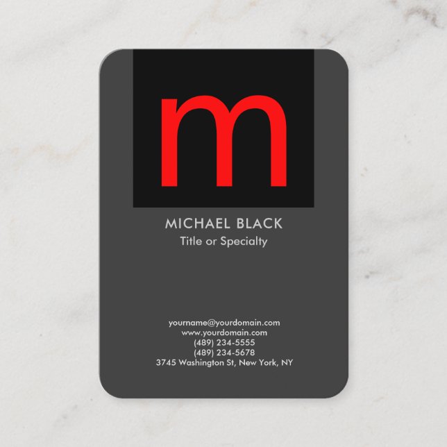 Trendy modern minimalist gray black red monogram business card (Front)