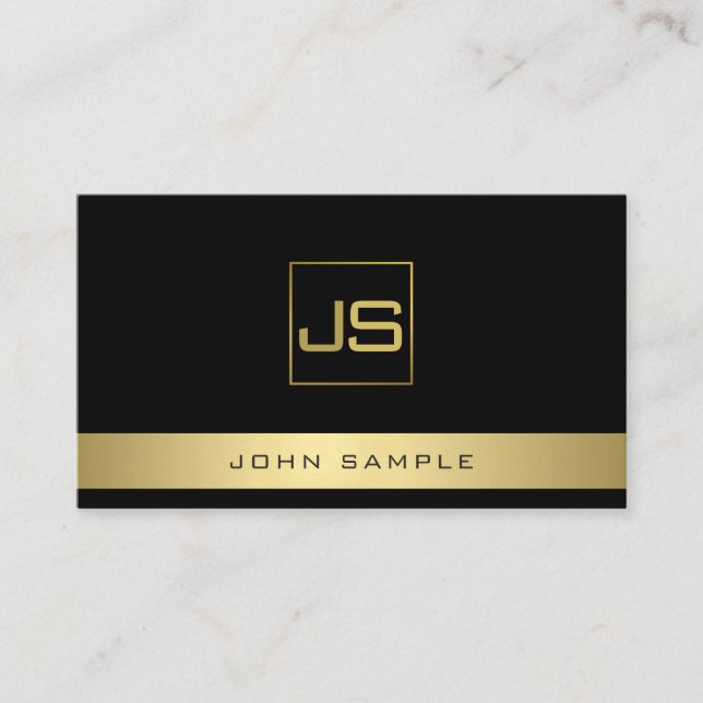 Trendy Modern Monogram Elegant Black Gold Business Card (Front)