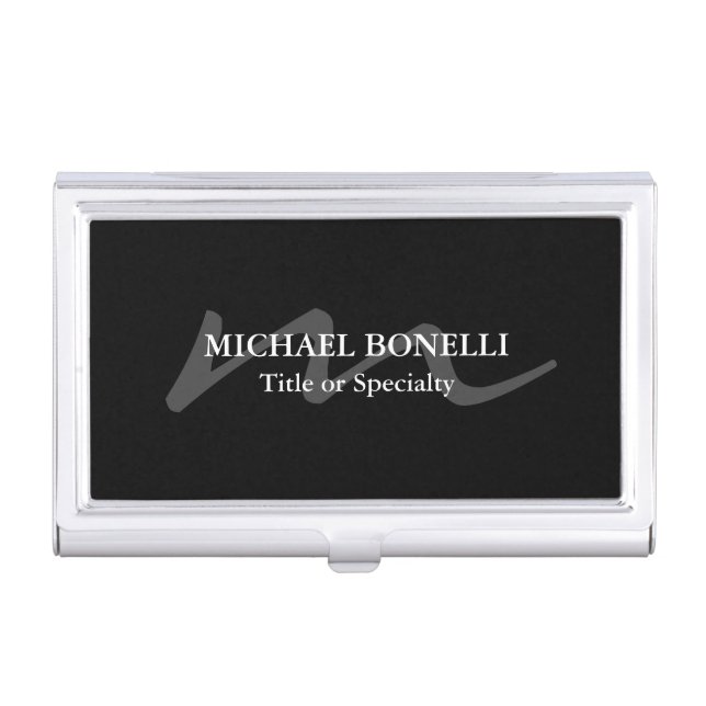 Trendy modern monogram initial professional black business card case (Front)