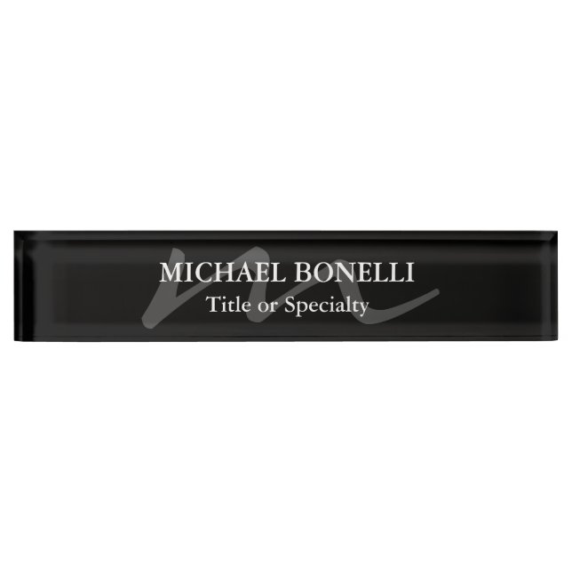 Trendy modern monogram initial professional black desk name plate (Front)