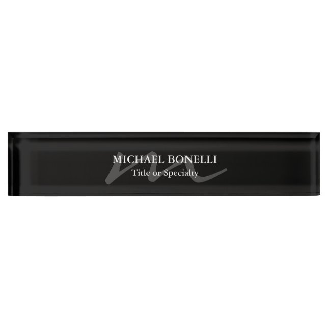 Trendy modern monogram initial professional black desk name plate (Front)