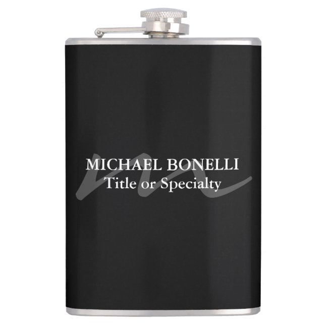 Trendy modern monogram initial professional black flask (Front)