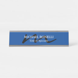 Trendy modern monogram initial professional blue desk name plate