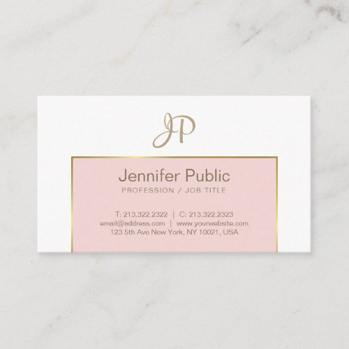 Trendy Modern Monogram Pink Gold White Clean Plain Business Card