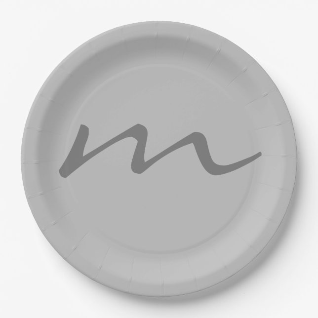 Trendy modern monogram professional grey paper plates (Front)