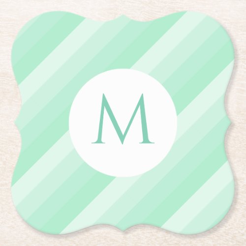Trendy Modern Monogram Template Mint Green Stripes Paper Coaster