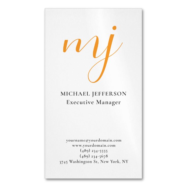 Trendy Modern Monogrammed Plain Black & White Business Card Magnet (Front Vertical)