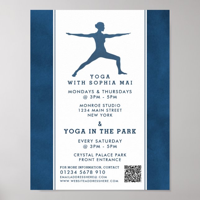 Trendy Modern Navy Blue Yoga Class Advertising Poster (Front)