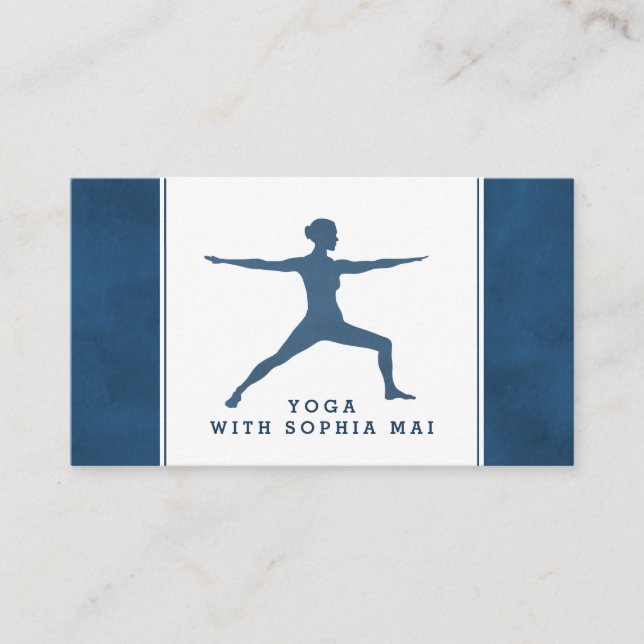 Trendy Modern Navy Blue Yoga Instructor Business Card (Front)