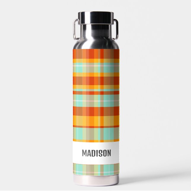Trendy Modern Personalized Plaid Water Bottle (Front)