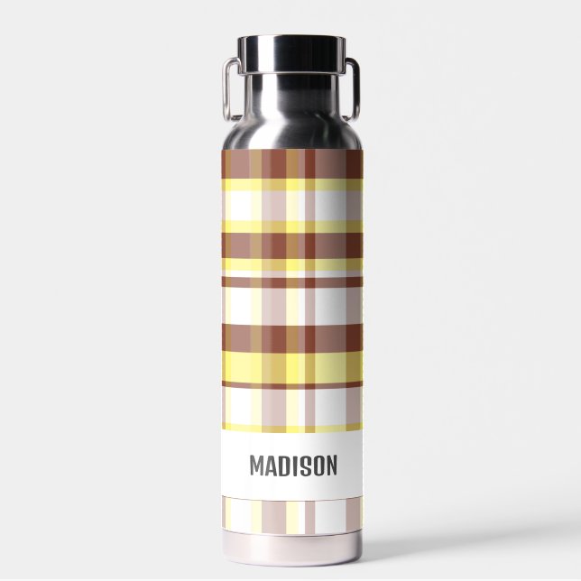Trendy Modern Personalized Plaid Water Bottle (Front)