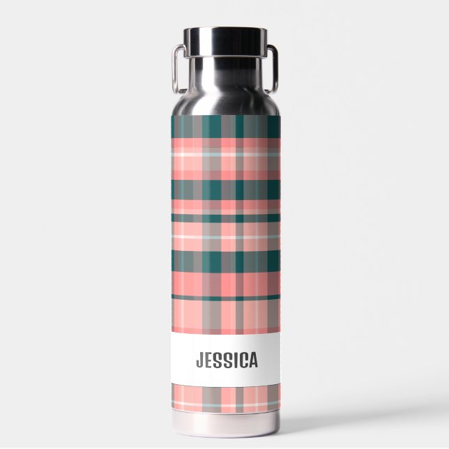 Trendy Modern Personalized Plaid Water Bottle (Front)
