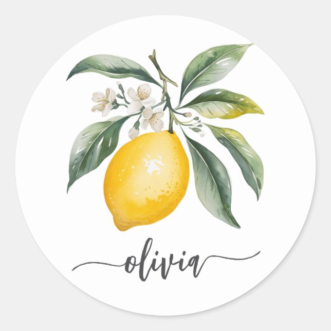 Trendy Modern Personalized Watercolor Yellow Lemon Classic Round Sticker (Front)