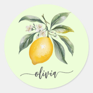 Trendy Modern Personalized Watercolor Yellow Lemon Classic Round Sticker