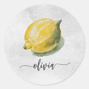 Trendy Modern Personalized Watercolor Yellow Lemon Classic Round Sticker