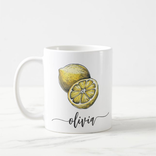 Trendy Modern Personalized Watercolor Yellow Lemon Coffee Mug (Left)