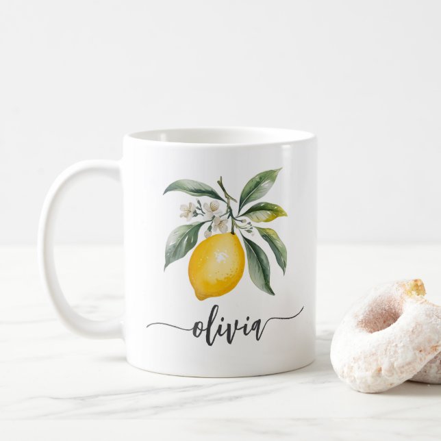 Trendy Modern Personalized Watercolor Yellow Lemon Coffee Mug (With Donut)