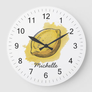 Trendy Modern Personalized Watercolor Yellow Lemon Large Clock