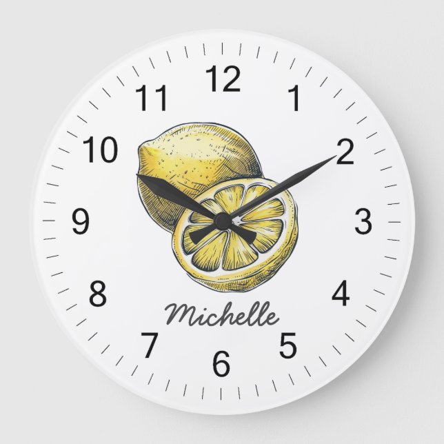 Trendy Modern Personalized Watercolor Yellow Lemon Large Clock (Front)