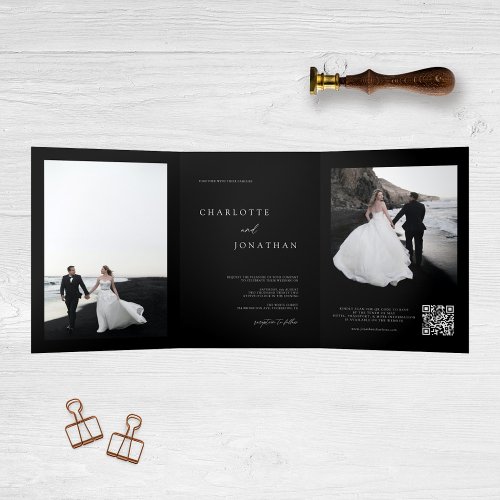 Trendy Modern Photo Black Wedding Tri_Fold Invitation