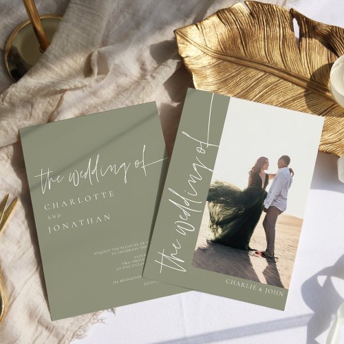 Trendy Modern Photo Sage Green Wedding Invitation