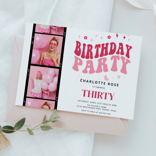 Trendy Modern Photo Strip Pink Birthday Party Invitation