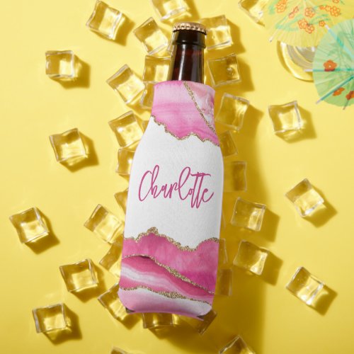 Trendy Modern Pink Agate Gold Glitter Personalized Bottle Cooler