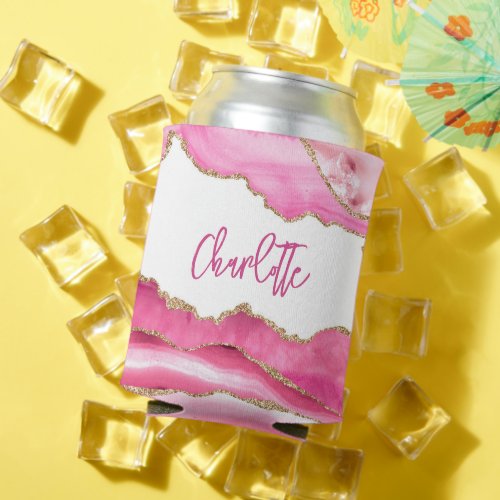 Trendy Modern Pink Agate Gold Glitter Personalized Can Cooler