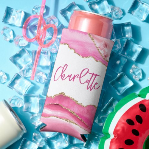 Trendy Modern Pink Agate Gold Glitter Personalized Seltzer Can Cooler