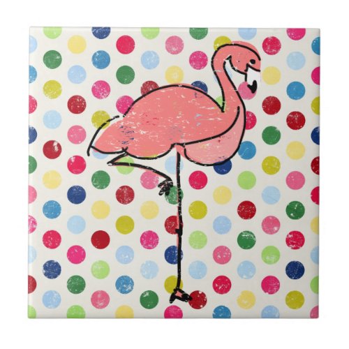 Trendy Modern Pink Flamingo Polka Dots Ceramic Tile