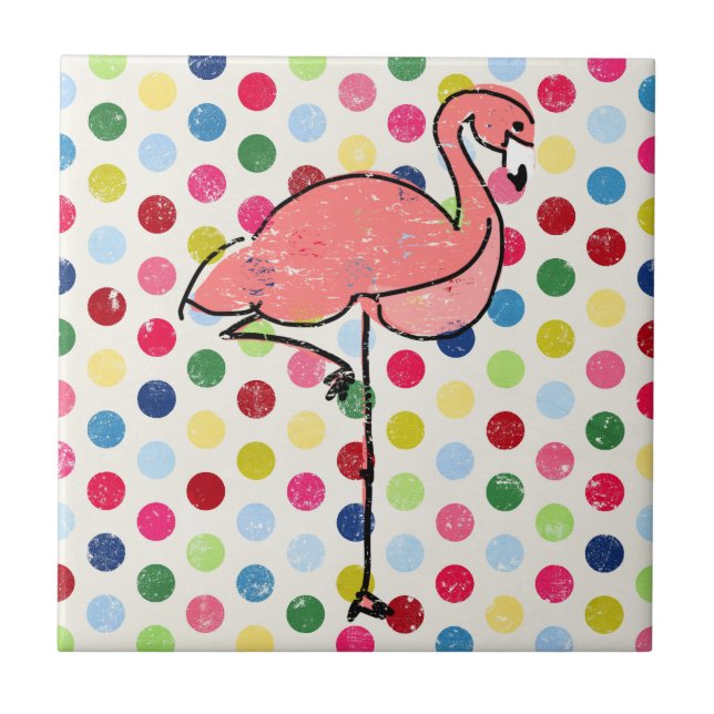 Trendy Modern Pink Flamingo Polka Dots Ceramic Tile (Front)