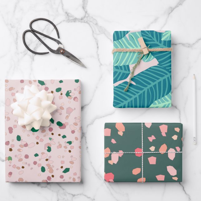 Trendy Modern Pink & Green Abstract Pattern Wrapping Paper Sheets (Front)