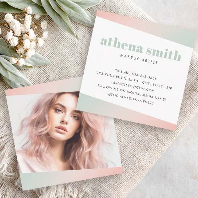 Trendy modern pink mint green gradient photo square business card (Trendy modern pink mint green gradient photo square business card)