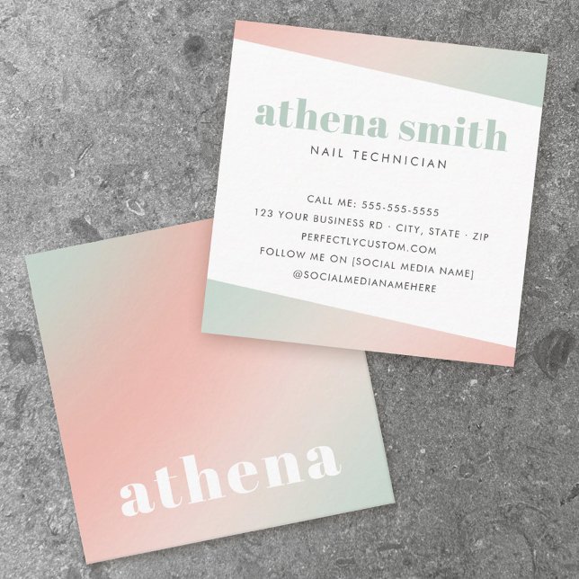 Trendy modern pink mint green gradient square business card (Creator Uploaded)