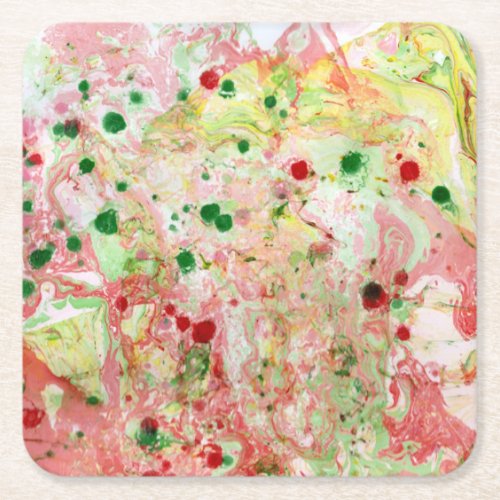 Trendy Modern Pink Red Yellow Green Marble Look Square Paper Coaster
