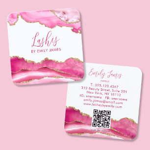 Trendy Modern Pink Script Agate QR Code Square Business Card
