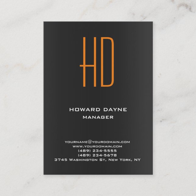 Trendy modern plain black gray orange monogram business card (Front)