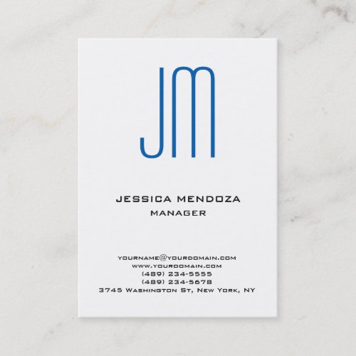 Trendy modern plain simple white blue monogram business card