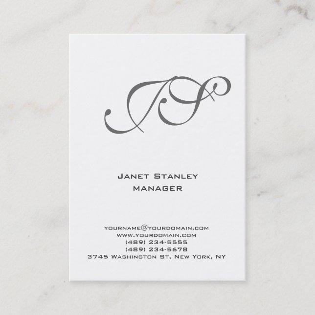 Trendy modern plain simple white gray monogram business card (Front)