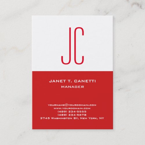 Trendy modern plain simple white red monogram business card