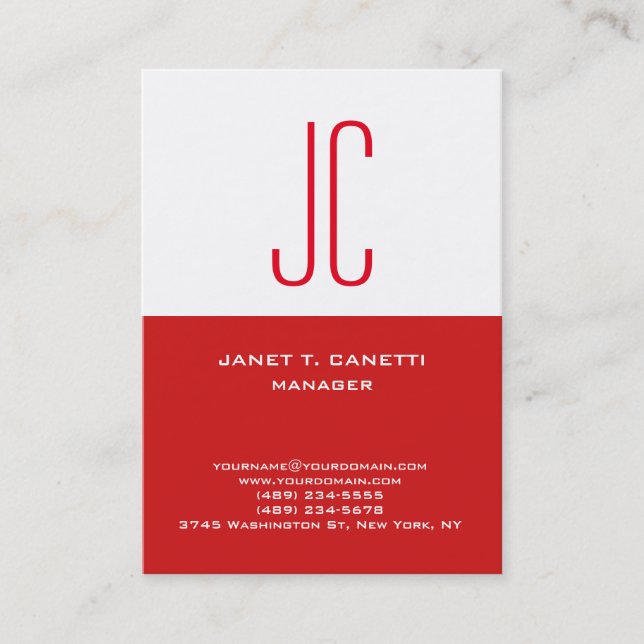 Trendy modern plain simple white red monogram business card (Front)