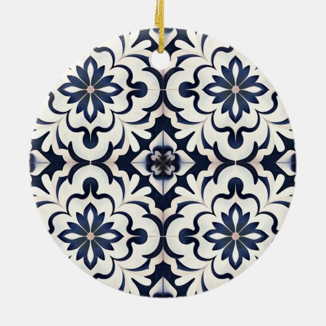 Trendy Modern Portuguese Tiles Azulejos Blue       Ceramic Ornament (Back)