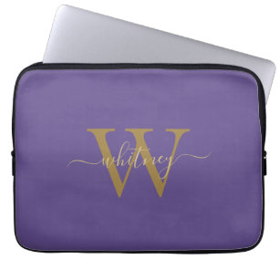 Trendy Modern Purple Monogram Name & Initial Laptop Sleeve