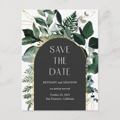 Trendy Modern QR code Greenery foliage save date Announcement Postcard