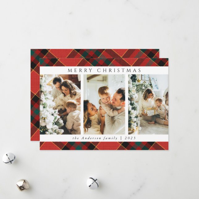 Trendy Modern Red and Green Tartan Christmas Photo Holiday Card (Front/Back In Situ)
