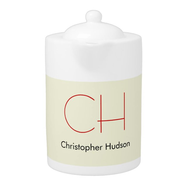 Trendy Modern Red Monogram Beige  Teapot (Front)