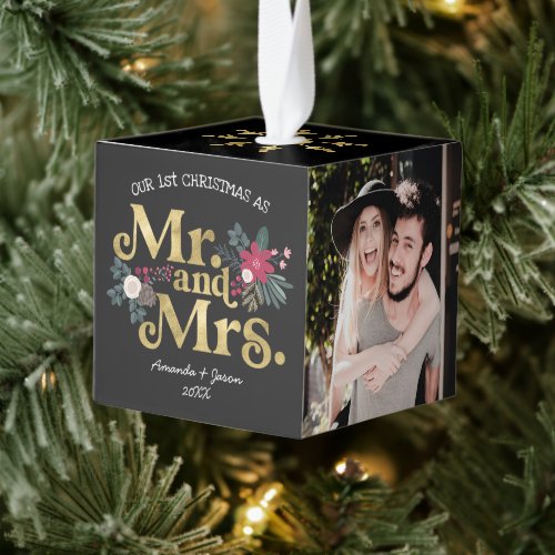 Trendy modern retro typography mr and mrs newlywed cube ornament